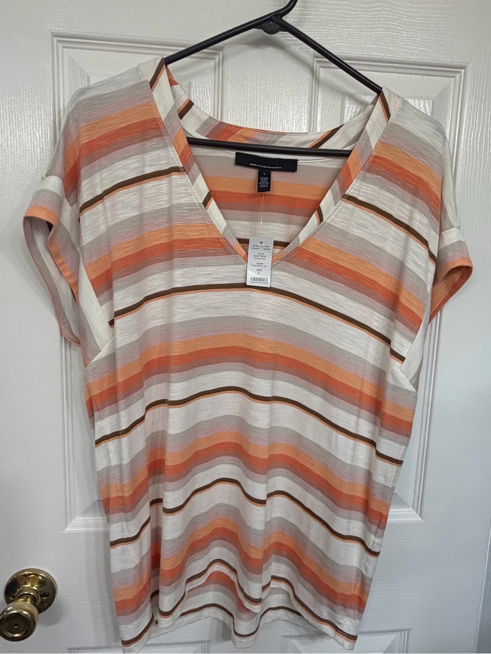 White House Black Market Striped V-Neck Tunic in Peach, Cream and Brown